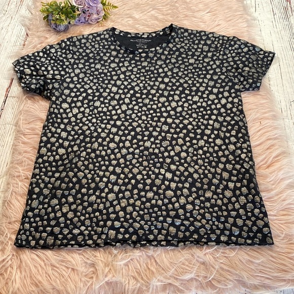Majestic Filatures Deluxe Navy Linen Metallic Pattern Short Sleeve Tee sz 3 - Picture 1 of 9